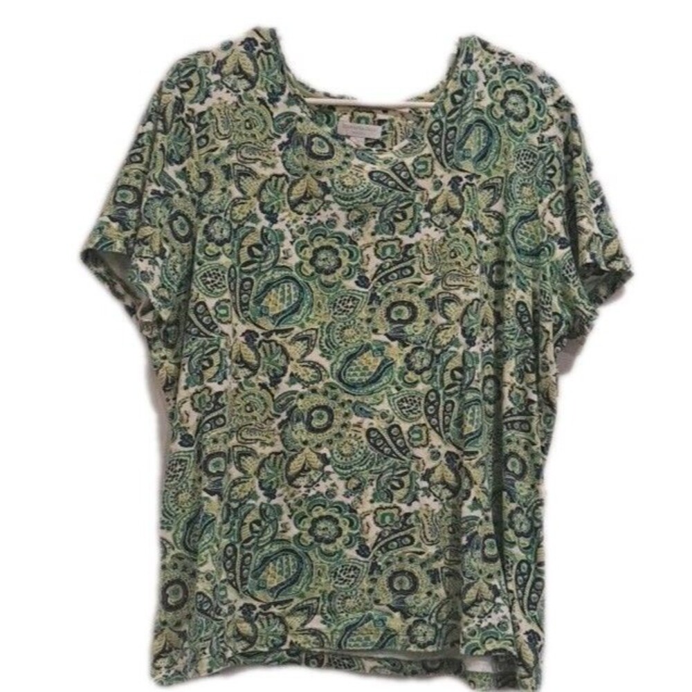 Charter Club 2X SS Knit Top Green Blue White Paisley Cotton  Classic